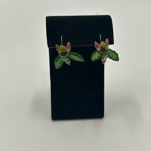 Vintage Sterling Silver Gold Vermeil Enamel Orchid Flower Lily Earrings